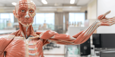 A human anatomy figure in a lab
