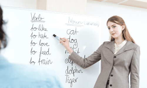 Instructor teaching an ESL class standing at a whiteboard